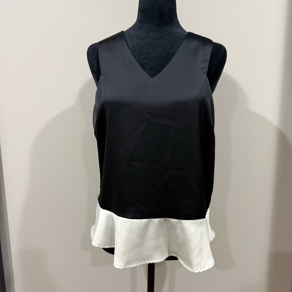 Anthropology Pleione Black Sleeveless V-Neck Top with White Flared Hem